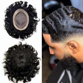 Curly Toupee for Black Men Afro Weave Hair Units Wigs Kinky Curl Mens Toupee Hairpiece Wavy Human Hair Replacement Systems for Men (#1 Jet Black-25MM Wave, 8''X10'')