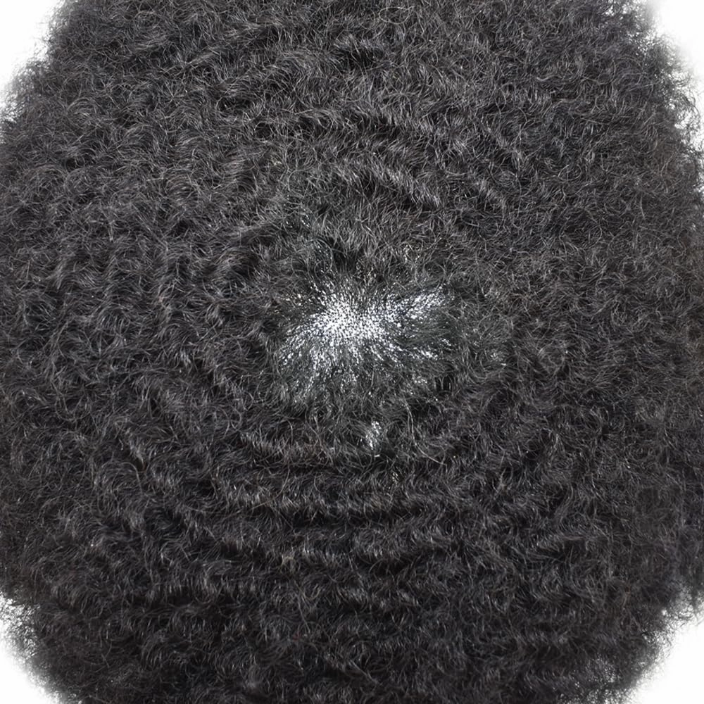 Curly Toupee for Black Men Afro Weave Hair Units Wigs Kinky Curl Mens Toupee Hairpiece Wavy Human Hair Replacement Systems for Men (#1 Jet Black-25MM Wave, 8''X10'')