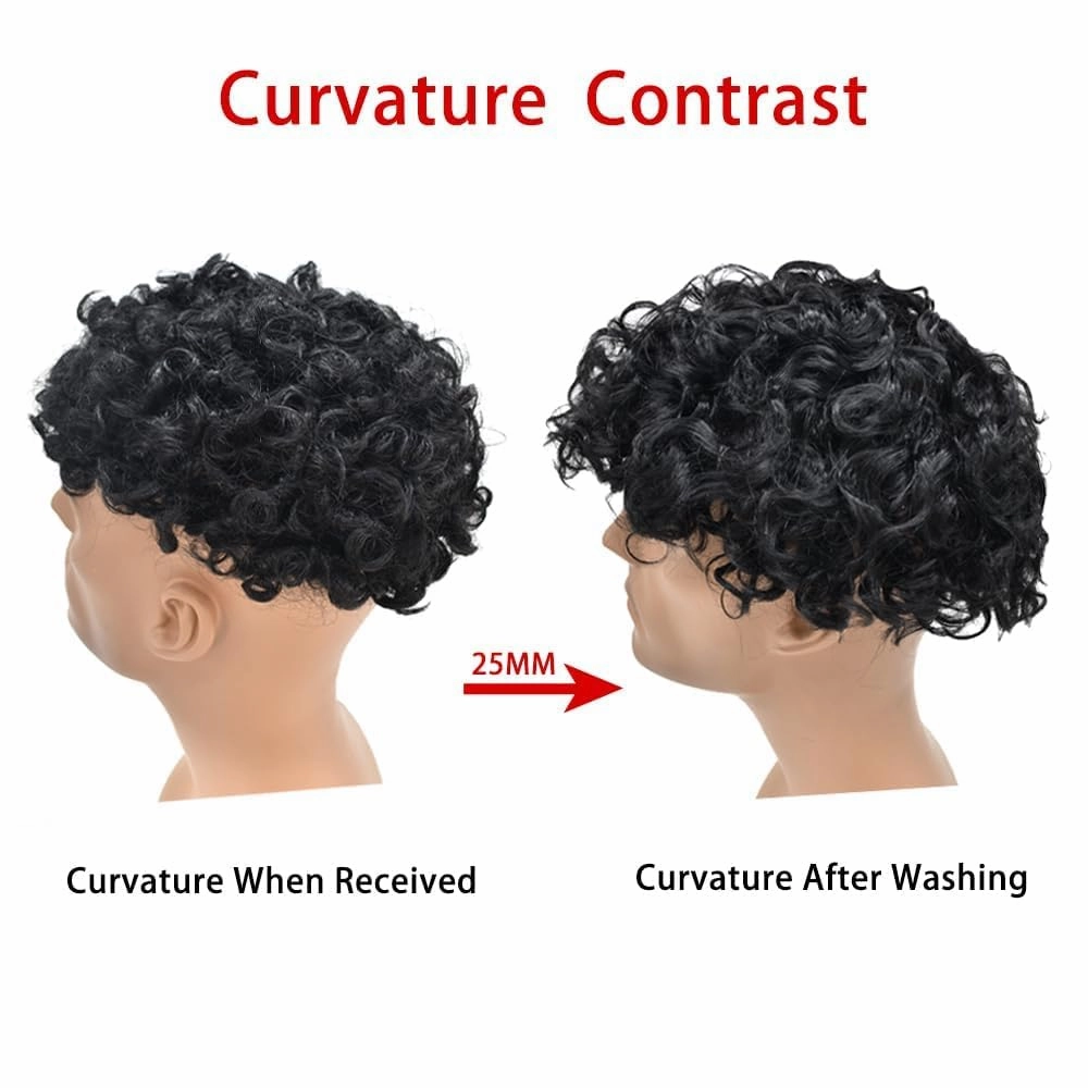 Curly Toupee for Black Men Afro Weave Hair Units Wigs Kinky Curl Mens Toupee Hairpiece Wavy Human Hair Replacement Systems for Men (#1 Jet Black-25MM Wave, 8''X10'')