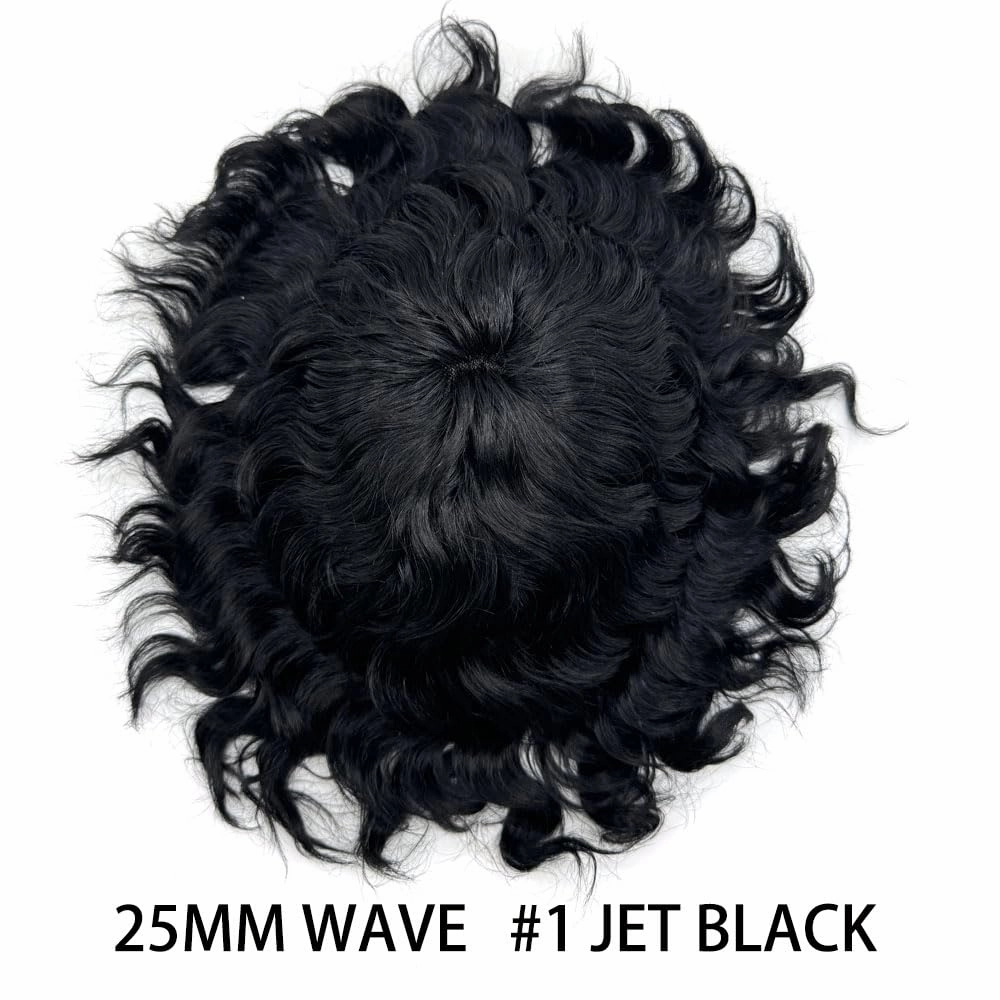 Curly Toupee for Black Men Afro Weave Hair Units Wigs Kinky Curl Mens Toupee Hairpiece Wavy Human Hair Replacement Systems for Men (#1 Jet Black-25MM Wave, 8''X10'')
