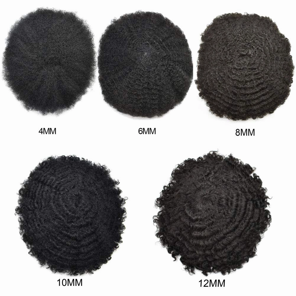 Curly Toupee for Black Men Afro Weave Hair Units Wigs Kinky Curl Mens Toupee Hairpiece Wavy Human Hair Replacement Systems for Men (#1 Jet Black-4MM Wave, 8''X10'')