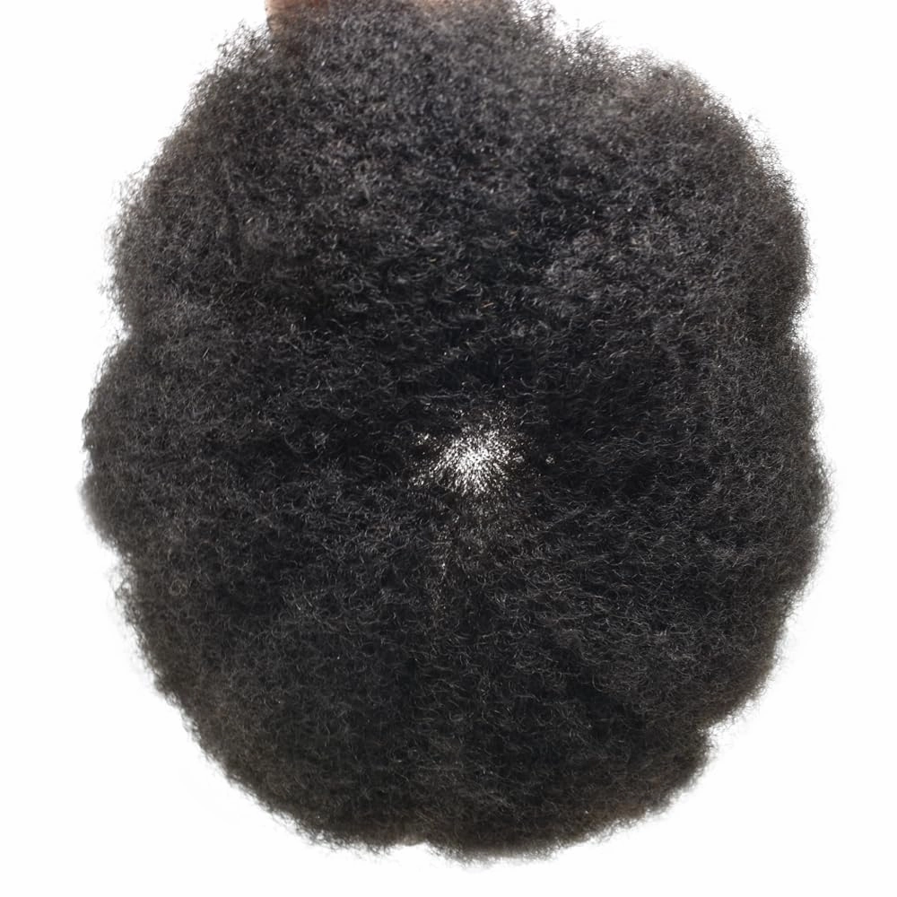 Curly Toupee for Black Men Afro Weave Hair Units Wigs Kinky Curl Mens Toupee Hairpiece Wavy Human Hair Replacement Systems for Men (#1 Jet Black-4MM Wave, 8''X10'')