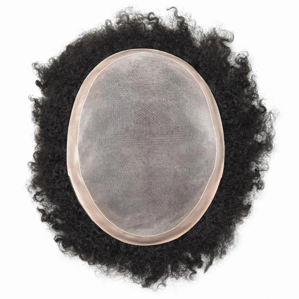 Curly Toupee for Black Men Afro Weave Hair Units Wigs Kinky Curl Mens Toupee Hairpiece Wavy Human Hair Replacement Systems for Men (#1 Jet Black-4MM Wave, 8''X10'')