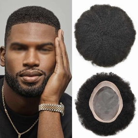 Curly Toupee for Black Men Afro Weave Hair Units Wigs Kinky Curl Mens Toupee Hairpiece Wavy Human Hair Replacement Systems for Men (#1 Jet Black-4MM Wave, 8''X10'')