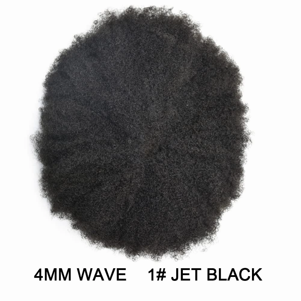 Curly Toupee for Black Men Afro Weave Hair Units Wigs Kinky Curl Mens Toupee Hairpiece Wavy Human Hair Replacement Systems for Men (#1 Jet Black-4MM Wave, 8''X10'')