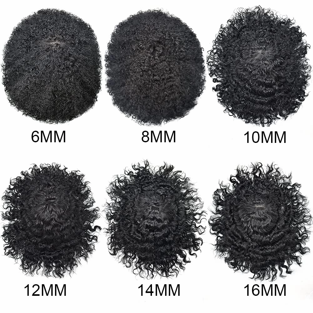 Curly Toupee for Black Men Afro Weave Hair Units Wigs Kinky Curl Mens Toupee Hairpiece Wavy Human Hair Replacement Systems for Men (#1 Jet Black-6MM Wave, 8''X10'')
