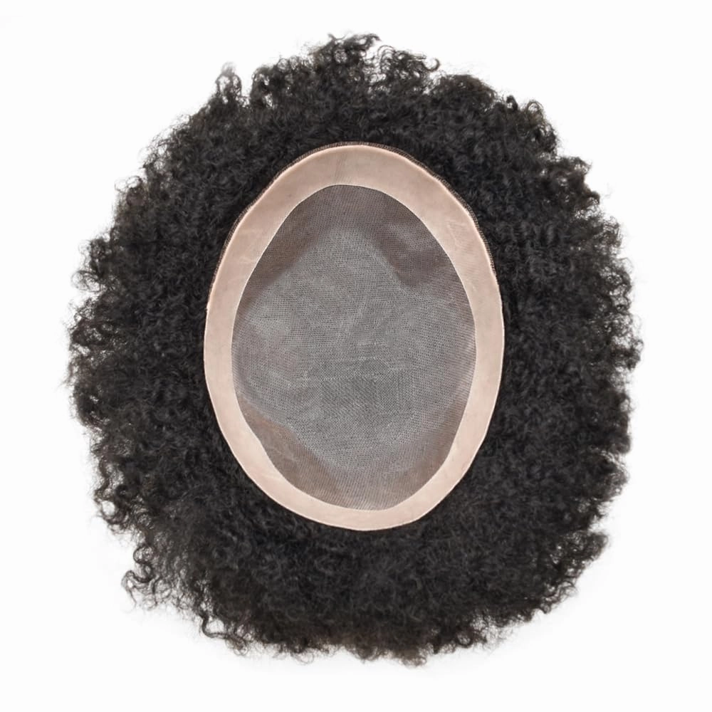 Curly Toupee for Black Men Afro Weave Hair Units Wigs Kinky Curl Mens Toupee Hairpiece Wavy Human Hair Replacement Systems for Men (#1 Jet Black-6MM Wave, 8''X10'')