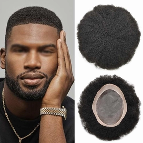 Curly Toupee for Black Men Afro Weave Hair Units Wigs Kinky Curl Mens Toupee Hairpiece Wavy Human Hair Replacement Systems for Men (#1 Jet Black-6MM Wave, 8''X10'')