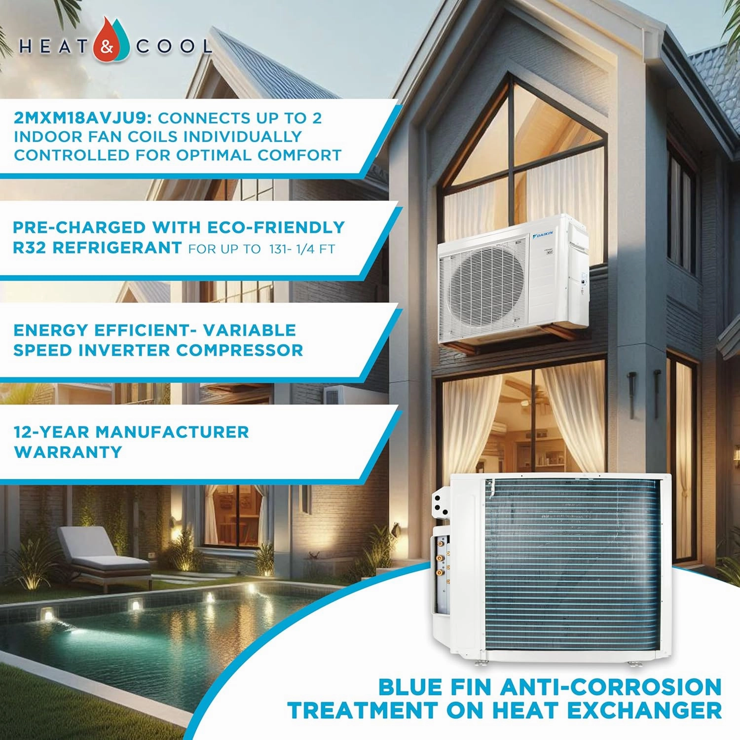 Daikin 18,000 BTU (12K   12K) 21SEER2 2-Zone Mini Split, Air Conditioner Heat Pump R-32 System with Maxwell 15 ft. Installation Kit and Wall Mounting Bracket