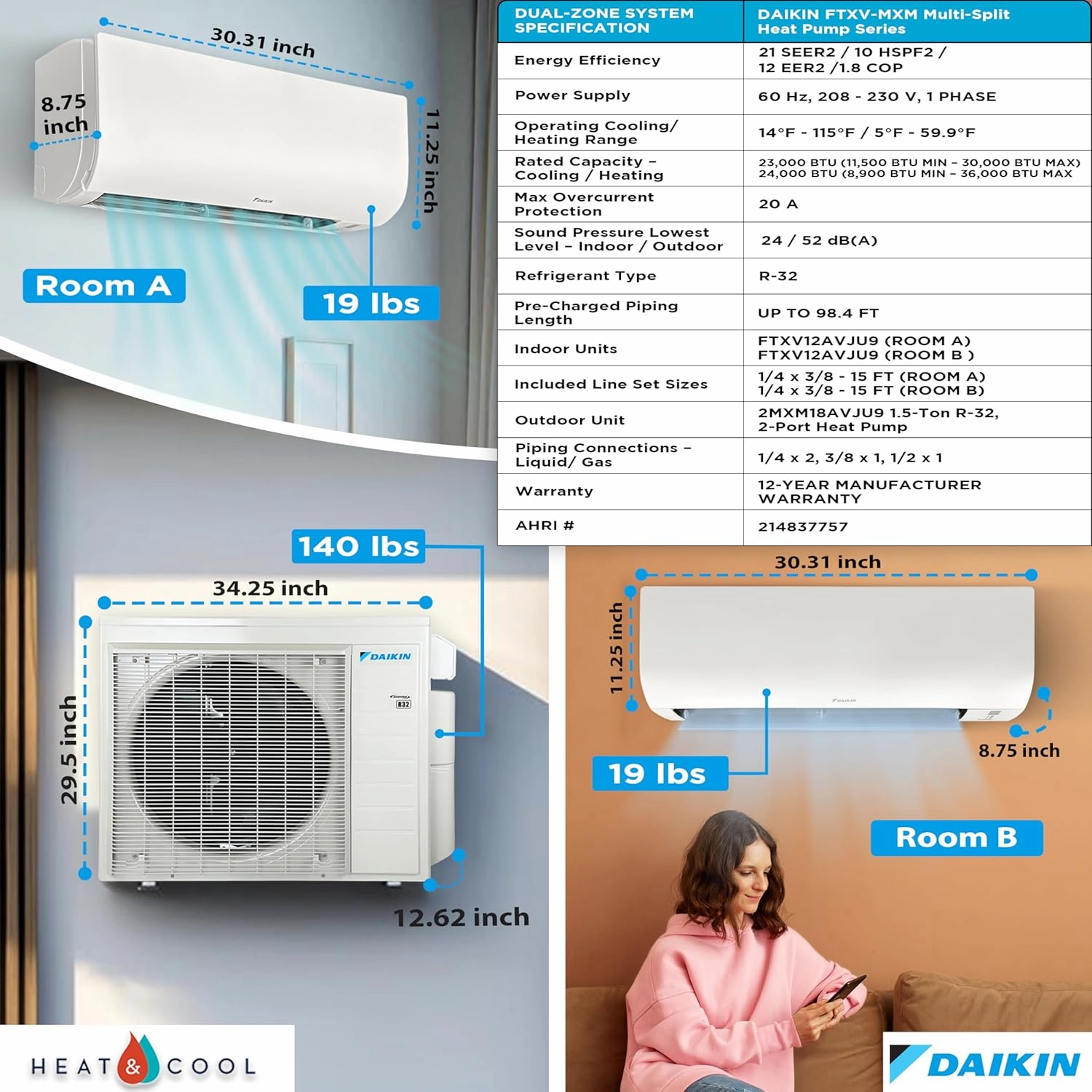 Daikin 18,000 BTU (12K   12K) 21SEER2 2-Zone Mini Split, Air Conditioner Heat Pump R-32 System with Maxwell 15 ft. Installation Kit and Wall Mounting Bracket