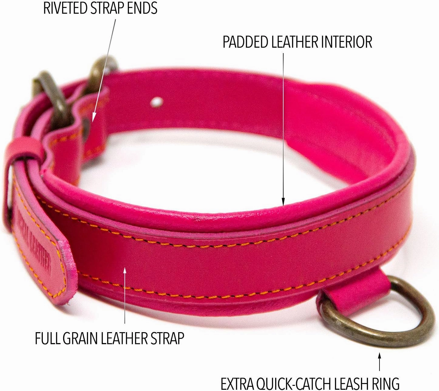 Deluxe Padded Genuine Full Grain Leather Collar (Medium, Pink)