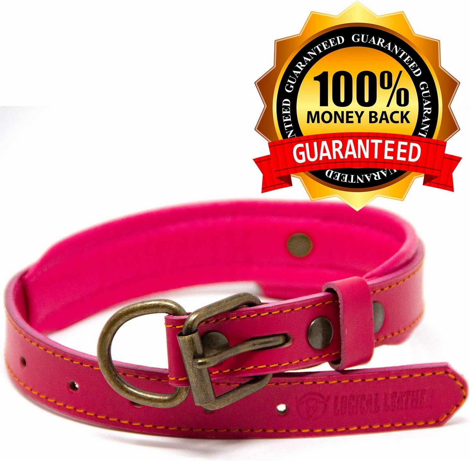 Deluxe Padded Genuine Full Grain Leather Collar (Medium, Pink)