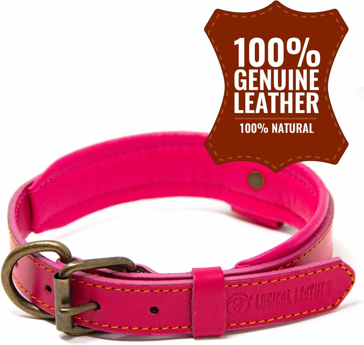 Deluxe Padded Genuine Full Grain Leather Collar (Medium, Pink)