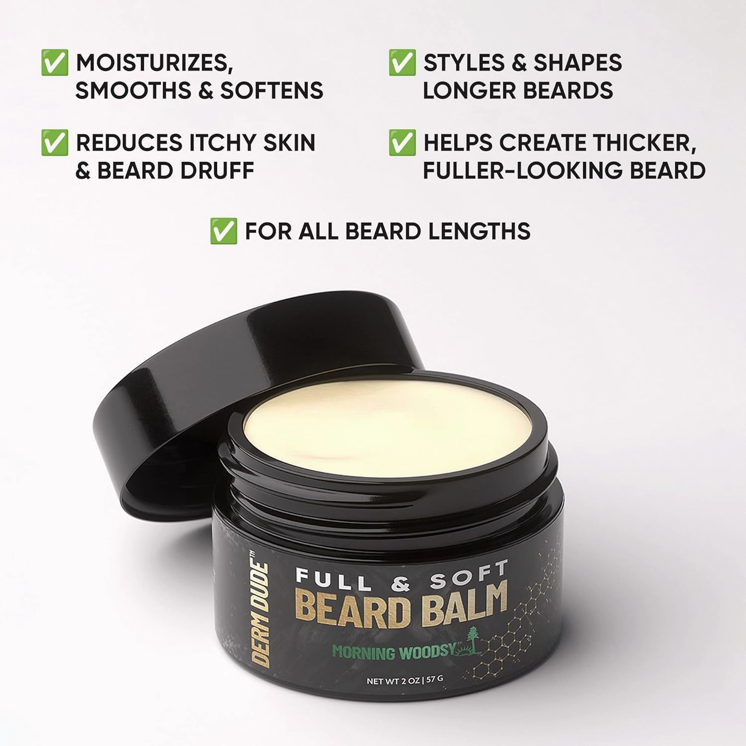 Derm Dude Full & Soft Beard Balm for Men | With Shea Butter & Grapeseed Oil to Moisturize & Smooth | Leave-in Conditioner for Healthier Fuller & Thicker Facial Hair -Morning Woodsy Scent 2oz (2 Pack)