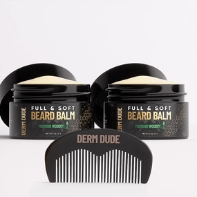 Derm Dude Full & Soft Beard Balm for Men | With Shea Butter & Grapeseed Oil to Moisturize & Smooth | Leave-in Conditioner for Healthier Fuller & Thicker Facial Hair -Morning Woodsy Scent 2oz (2 Pack)