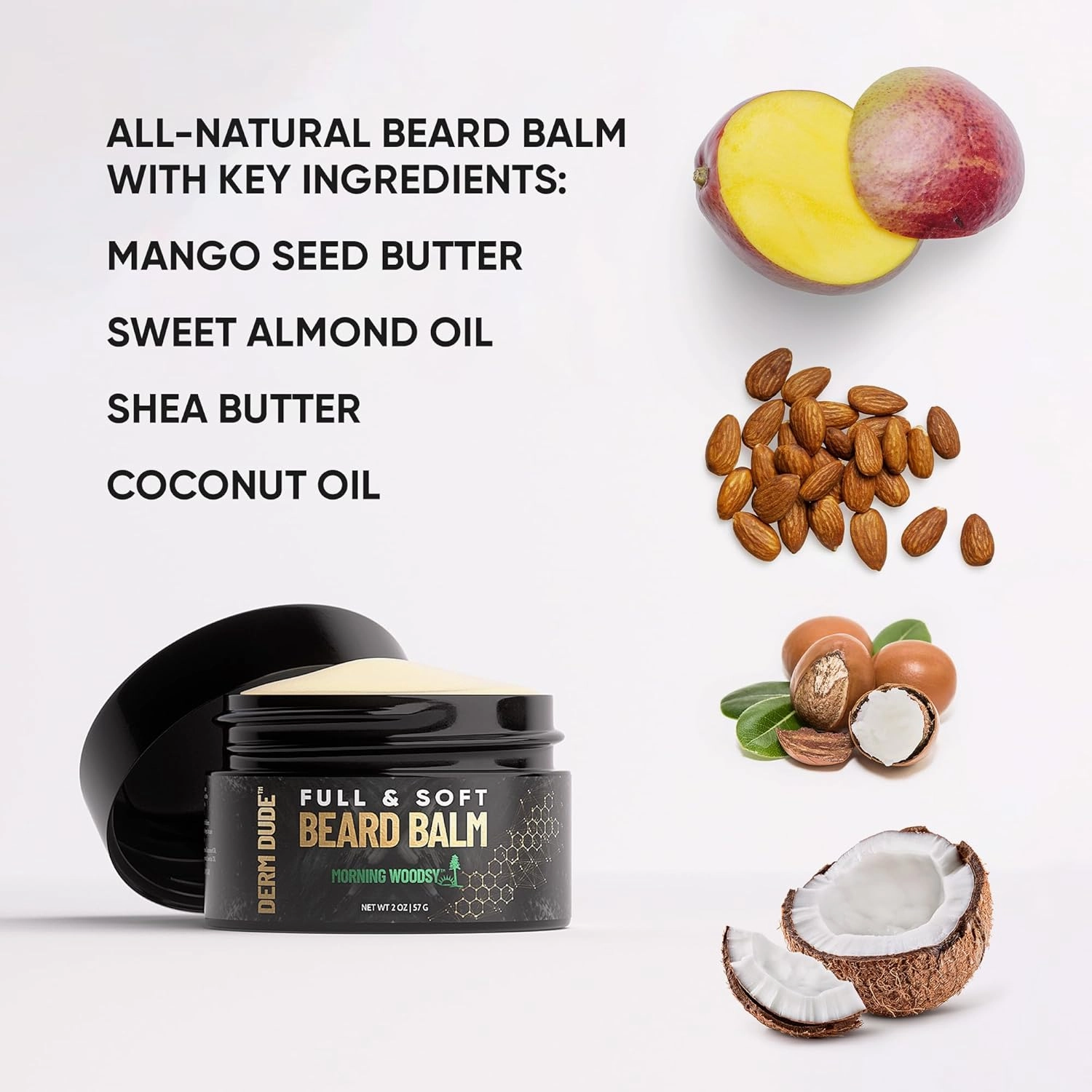 Derm Dude Full & Soft Beard Balm for Men | With Shea Butter & Grapeseed Oil to Moisturize & Smooth | Leave-in Conditioner for Healthier Fuller & Thicker Facial Hair -Morning Woodsy Scent 2oz (2 Pack)