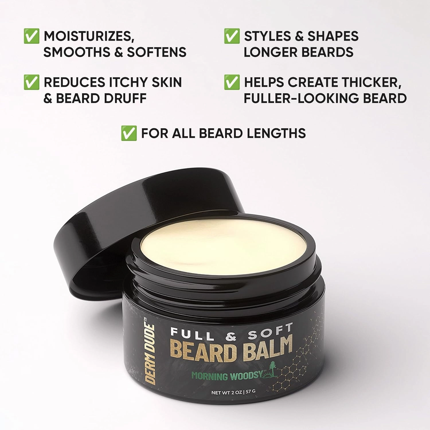 Derm Dude Full & Soft Beard Balm for Men | With Shea Butter & Grapeseed Oil to Moisturize & Smooth | Leave-in Conditioner for Healthier Fuller & Thicker Facial Hair -Morning Woodsy Scent 2oz (2 Pack)