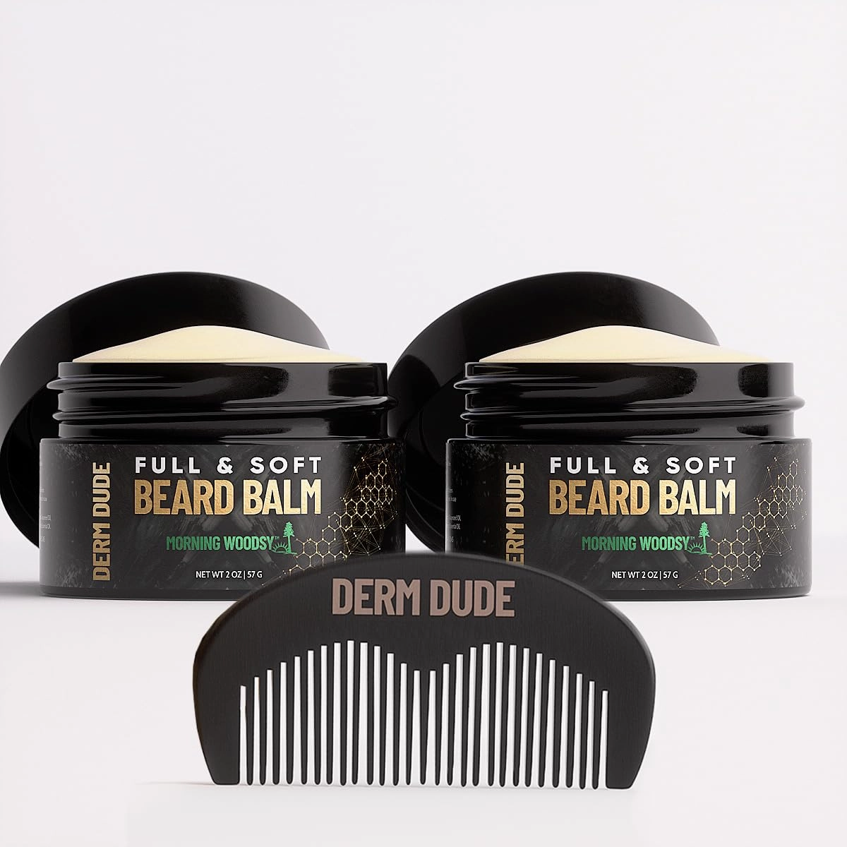 Derm Dude Full & Soft Beard Balm for Men | With Shea Butter & Grapeseed Oil to Moisturize & Smooth | Leave-in Conditioner for Healthier Fuller & Thicker Facial Hair -Morning Woodsy Scent 2oz (2 Pack)