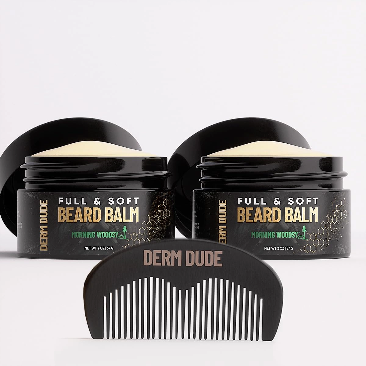 Derm Dude Full & Soft Beard Balm for Men | With Shea Butter & Grapeseed Oil to Moisturize & Smooth | Leave-in Conditioner for Healthier Fuller & Thicker Facial Hair -Morning Woodsy Scent 2oz (2 Pack)