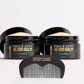 Derm Dude Full & Soft Beard Balm for Men | With Shea Butter & Grapeseed Oil to Moisturize & Smooth | Leave-in Conditioner for Healthier Fuller & Thicker Facial Hair -Morning Woodsy Scent 2oz (2 Pack)