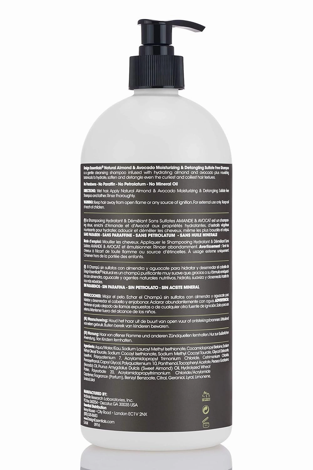 Design Essentials Moisturizing and Detangling Sulfate Free Shampoo, Almond and Avocado Collection, 32 Ounces