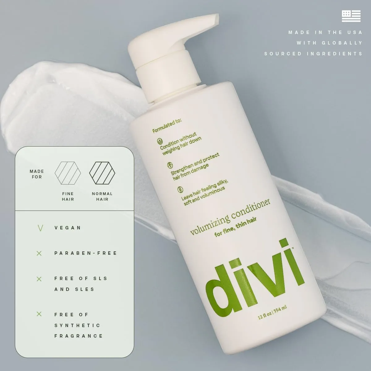 Divi Volumizing Conditioner for Women and Men - Lightweight Volume Conditioner for Fine Hair - Designed to Strengthen and Protect the Hair from Damage, 12 Fl Oz.