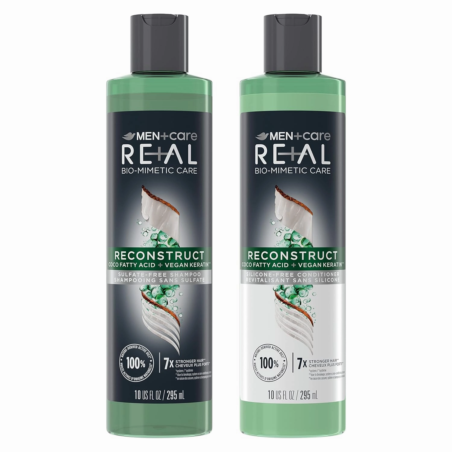 DOVE MEN   CARE Real Bio-Mimetic Care Shampoo & Conditioner Reconstruct 2 Count For Damaged Hair Sulfate Free Shampoo & Silicone-Free Conditioner with Coco Fatty Acid   Vegan Keratin 10 Oz