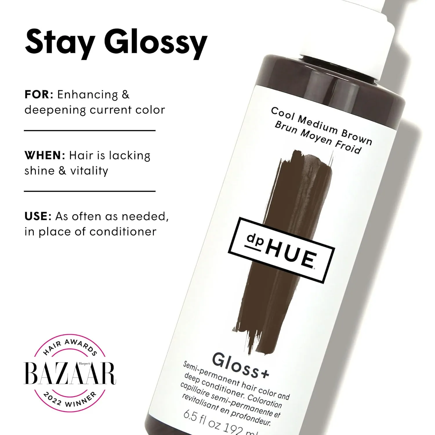 dpHUE Gloss , Cool Medium Brown - 6.5 oz (8-12 Applications) - Semi-Permanent Hair Color & Conditioner - Lasts Up to Eight Washes - Paraben, SLS & SLES Sulfate Free - Vegan, Leaping Bunny Certified
