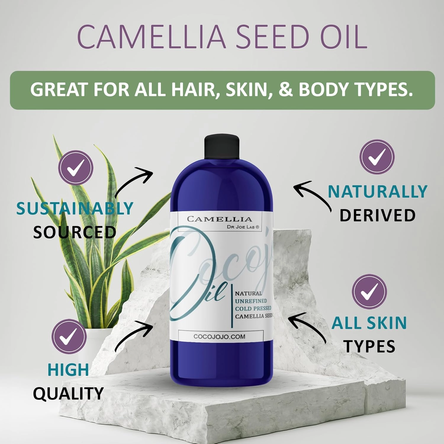 Dr Joe Lab Japanese Camellia Seed Oil - Pure, Unrefined, Cold Pressed, Non-GMO Bulk Carrier - 32 oz - for Skin, Hair, Nails, Body, Facial Hair - Hydrating Moisturizing Vegan - Packaging May Vary