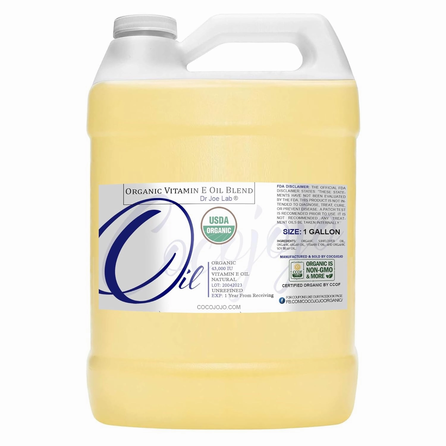 Dr Joe Lab Organic Vitamin E Oil Hydration - USDA Certified Natural, 43,000 IU, Non-GMO, Vegan, Cruelty-Free - for Face, Skin, Hair, Body, Nails, Cuticles, and Locs -128 oz