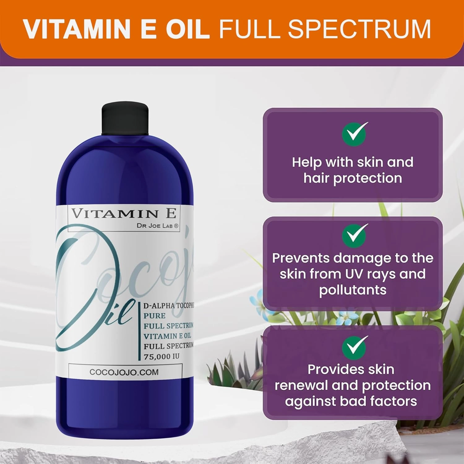 Dr Joe Lab Vitamin E Oil Full Spectrum for Skin, Hair, Face, Liquid Vitamin E Body Oil 75,000 IU, Pure Natural Cold Pressed, Moisturizes & Nourishes, Non GMO - 32 Oz