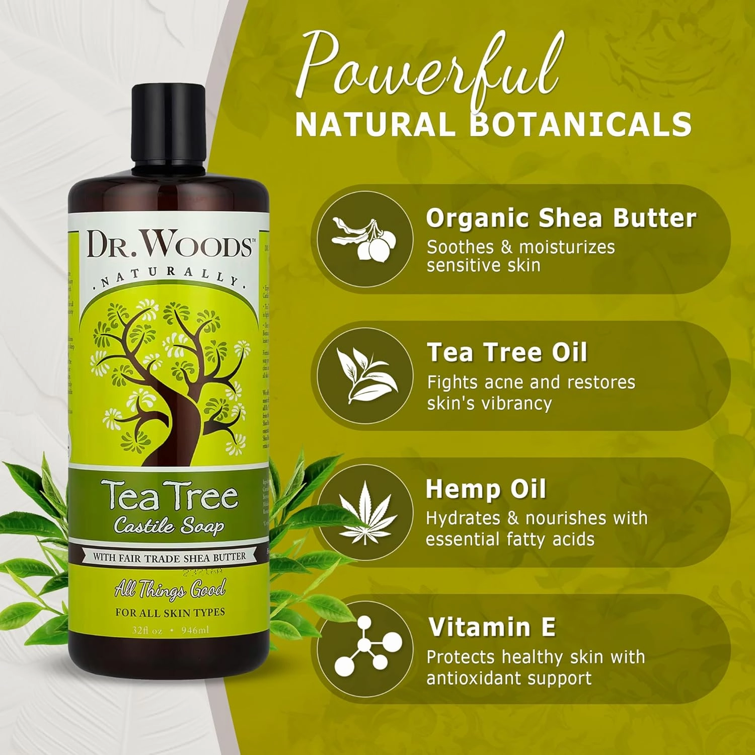 Dr. Woods Tea Tree Liquid Castile Soap with Pump - Castile Soap with Pure Tea Tree Oil, Body Wash for Men and Women, Organic Shea Butter, Natural Cleaner for Face, Hands, and Body - 32 Fl Oz
