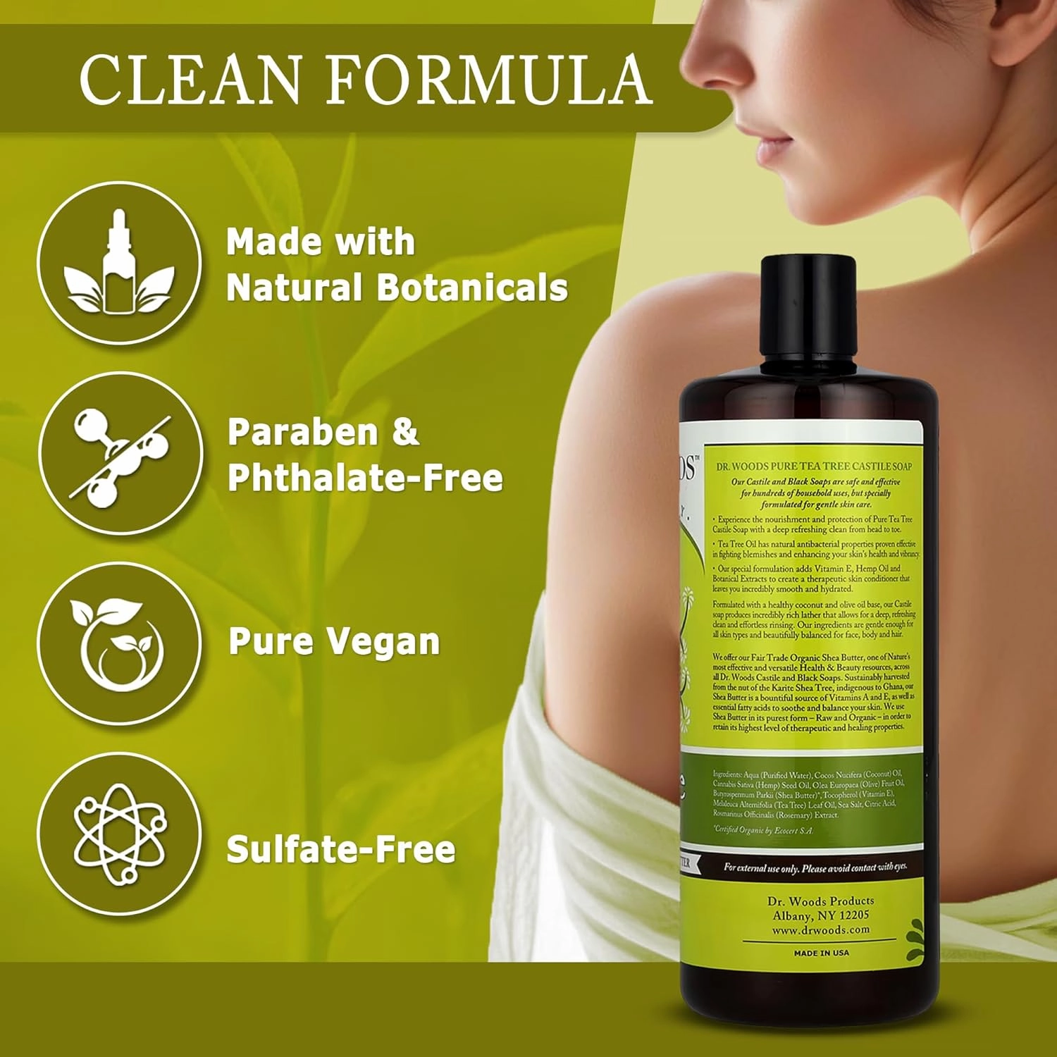 Dr. Woods Tea Tree Liquid Castile Soap with Pump - Castile Soap with Pure Tea Tree Oil, Body Wash for Men and Women, Organic Shea Butter, Natural Cleaner for Face, Hands, and Body - 32 Fl Oz
