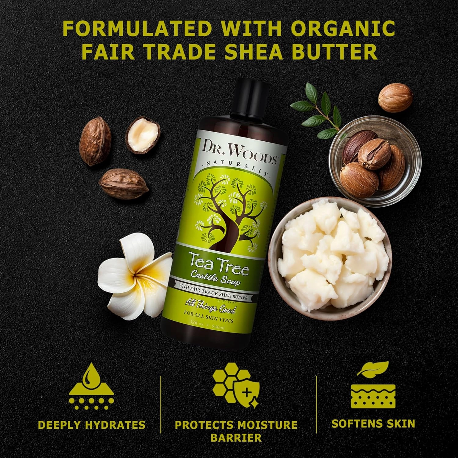 Dr. Woods Tea Tree Liquid Castile Soap with Pump - Castile Soap with Pure Tea Tree Oil, Body Wash for Men and Women, Organic Shea Butter, Natural Cleaner for Face, Hands, and Body - 32 Fl Oz