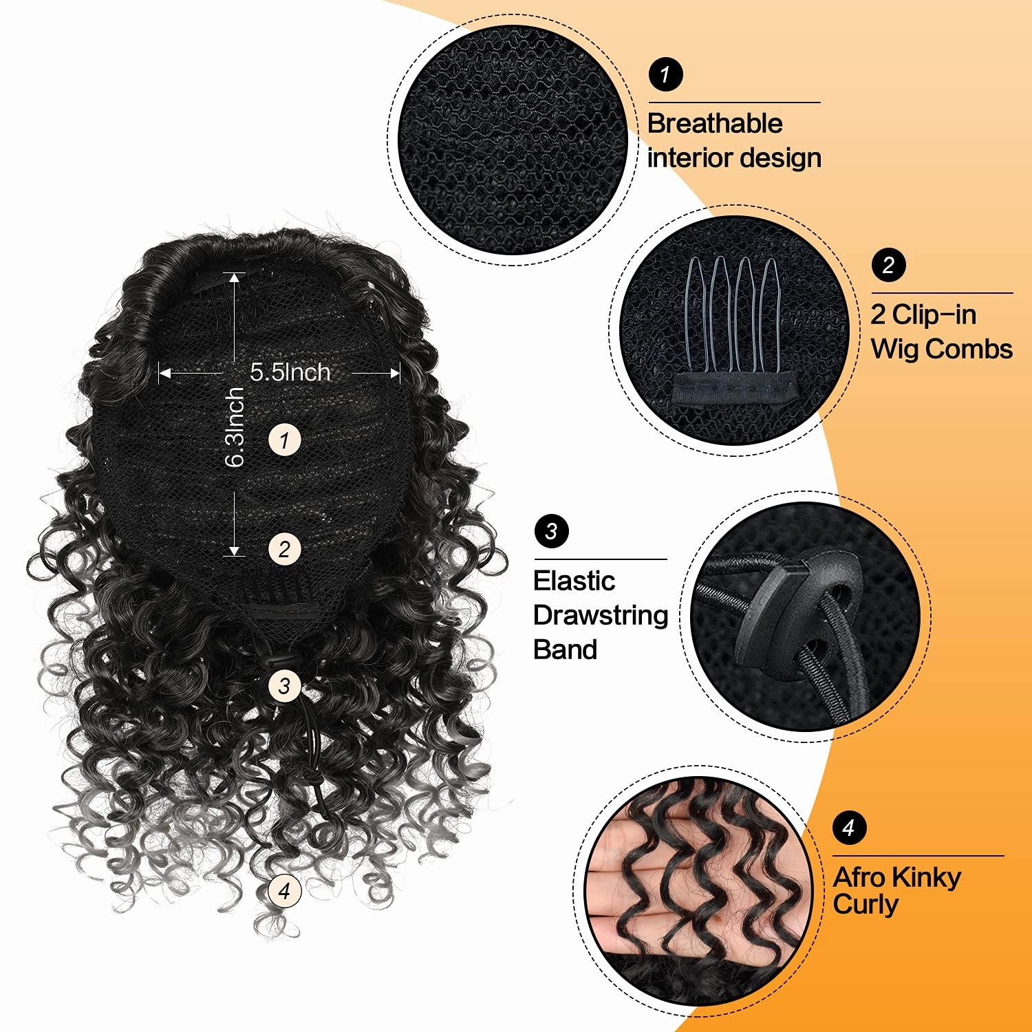 Drawstring Ponytails Ponytail Extension for Black Women, PEACOCO 6 Inch Curly Drawstring Ponytail Synthetic Hairpieces Short Afro Puff Ponytail Extensions with 2 Clips