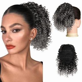 Drawstring Ponytails Ponytail Extension for Black Women, PEACOCO 6 Inch Curly Drawstring Ponytail Synthetic Hairpieces Short Afro Puff Ponytail Extensions with 2 Clips