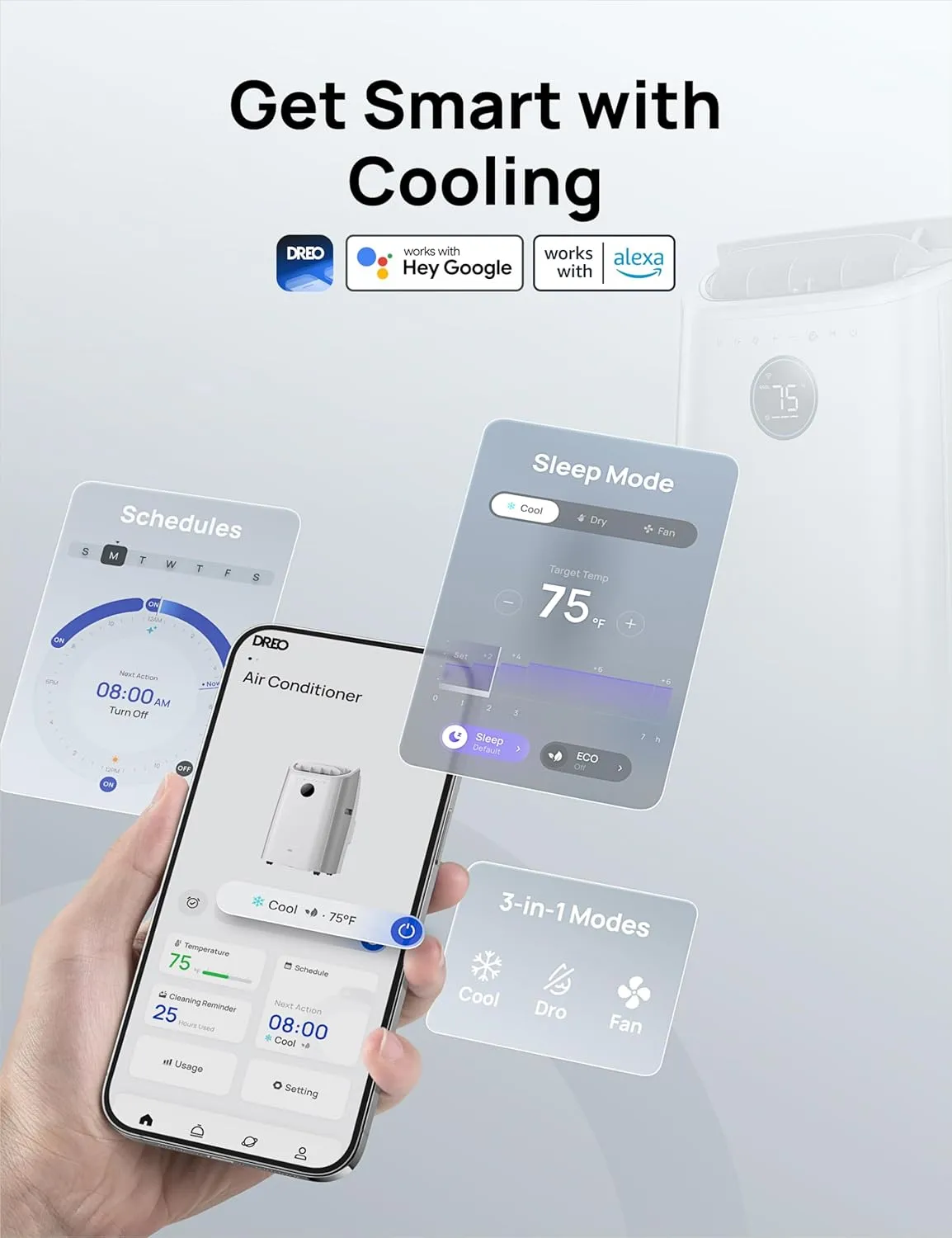 Dreo Portable Air Conditioners, 12,000 BTU AC Unit for Bedroom with Drainage-free Cooling, 46dB Quiet, APP/Voice/Remote, 24h Timer with Fan & Dehumidifier, Smart Standing AC for Room Indoors, AC515S