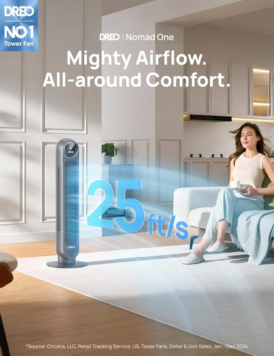 Dreo Tower Fan for Bedroom, 25ft/s Velocity Quiet Floor Fan, 90° Oscillating Fans for Indoors with 4 Speeds, 4 Modes, 8H Timer, Bladeless Fan, Standing Fans, Grey, Nomad One (DR-HTF007)