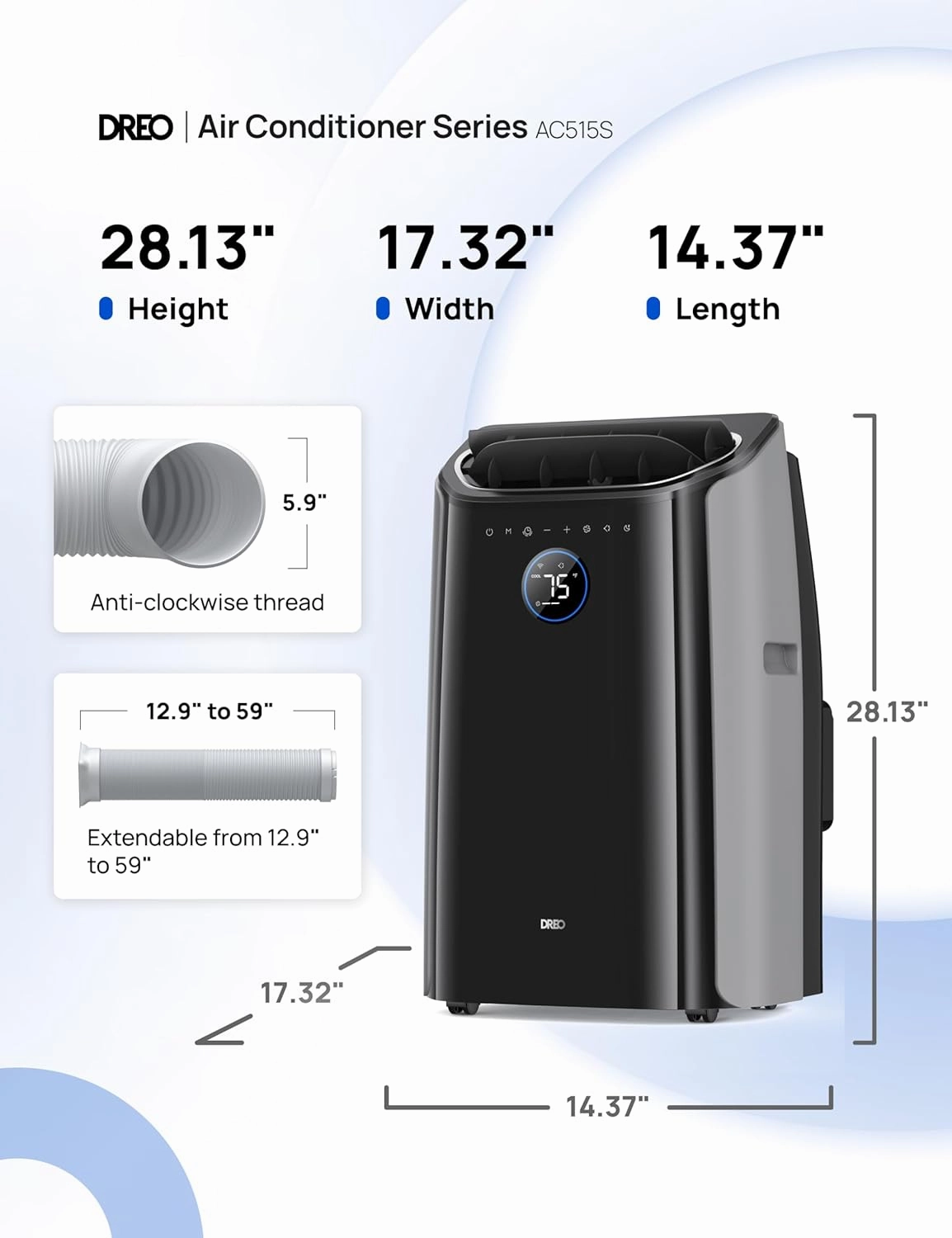 Dreo Portable Air Conditioners, 12,000 BTU AC Unit for Bedroom with Drainage-free Cooling, 46dB Quiet, APP/Voice/Remote, 24h Timer with Fan & Dehumidifier, Smart Standing AC for Room Indoors, AC515S