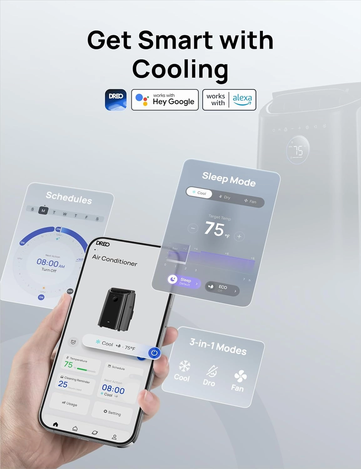 Dreo Portable Air Conditioners, 12,000 BTU AC Unit for Bedroom with Drainage-free Cooling, 46dB Quiet, APP/Voice/Remote, 24h Timer with Fan & Dehumidifier, Smart Standing AC for Room Indoors, AC515S