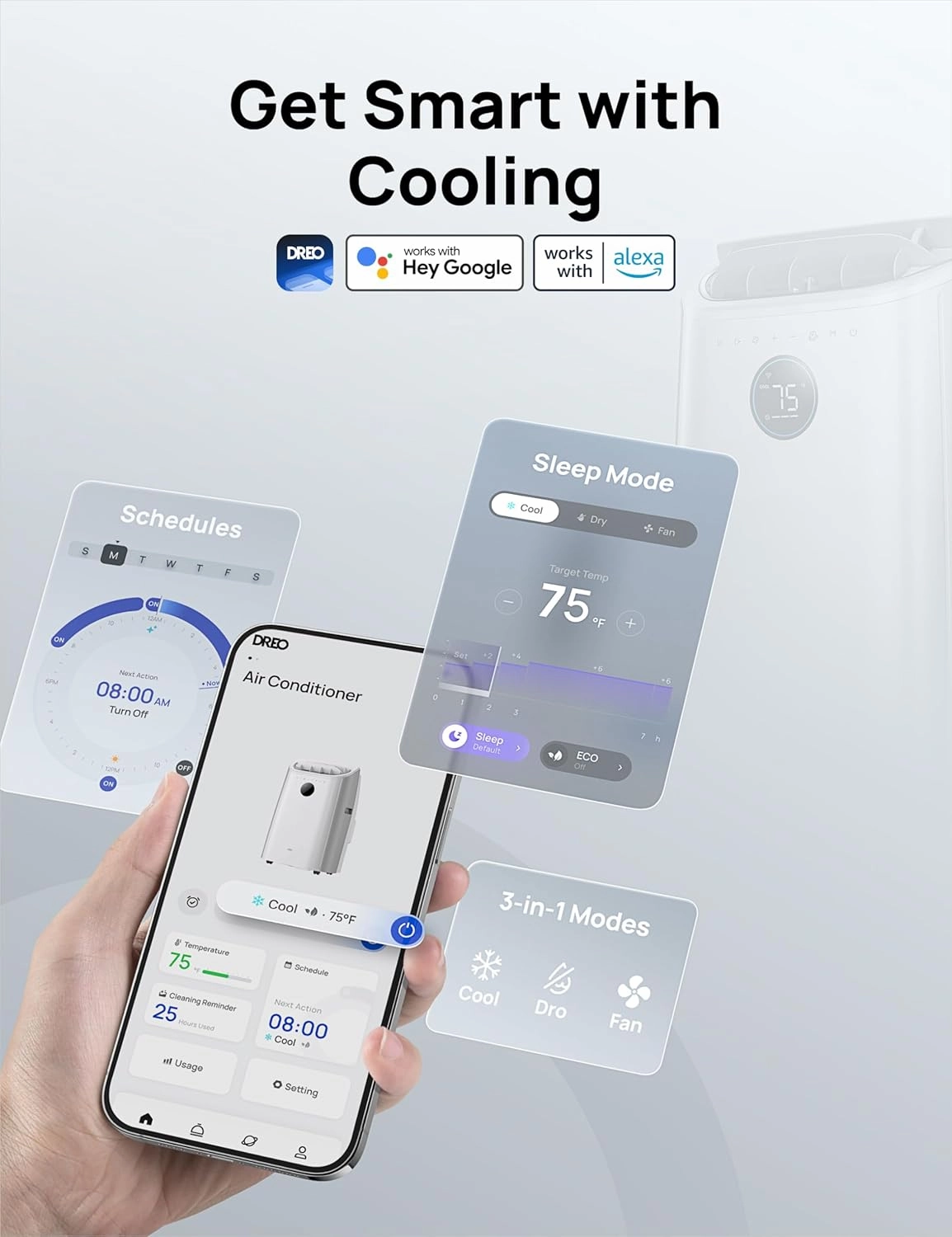 Dreo Portable Air Conditioners, 14000 BTU AC Unit for Bedroom with Drainage-free Cooling, 3-in-1 with Fan & Dehumidifier, Touch/APP/Voice/Remote, 24h Timer, Smart Floor AC for Room Indoors, AC516S
