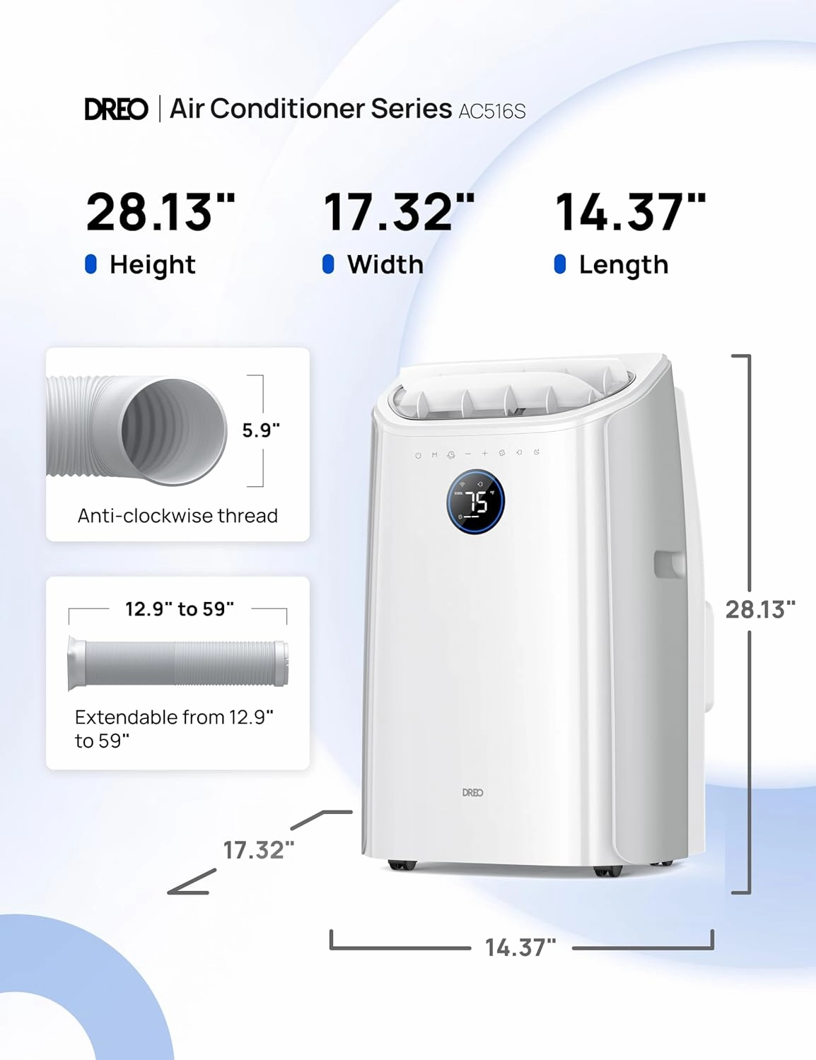 Dreo Portable Air Conditioners, 14000 BTU AC Unit for Bedroom with Drainage-free Cooling, 3-in-1 with Fan & Dehumidifier, Touch/APP/Voice/Remote, 24h Timer, Smart Floor AC for Room Indoors, AC516S