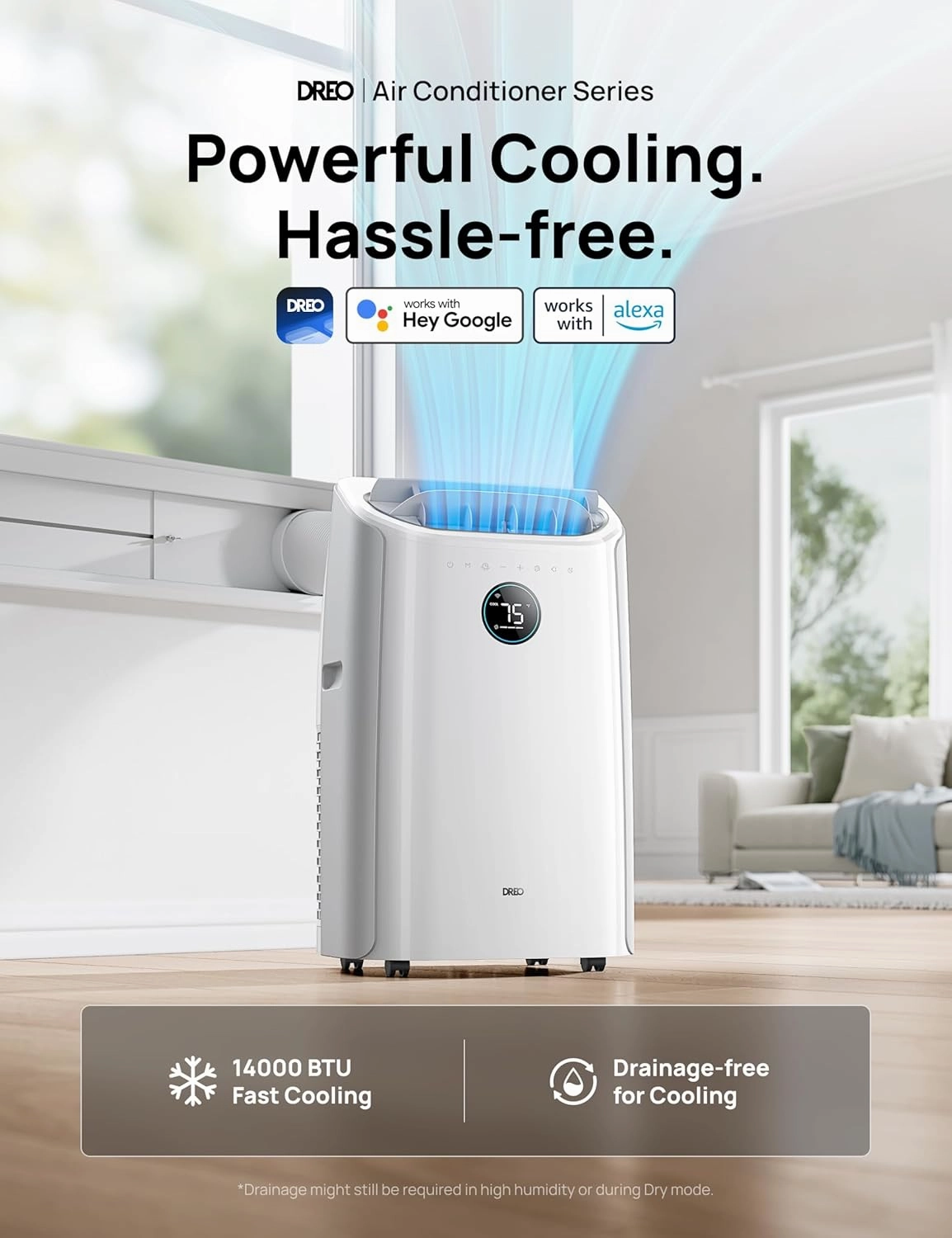 Dreo Portable Air Conditioners, 14000 BTU AC Unit for Bedroom with Drainage-free Cooling, 3-in-1 with Fan & Dehumidifier, Touch/APP/Voice/Remote, 24h Timer, Smart Floor AC for Room Indoors, AC516S
