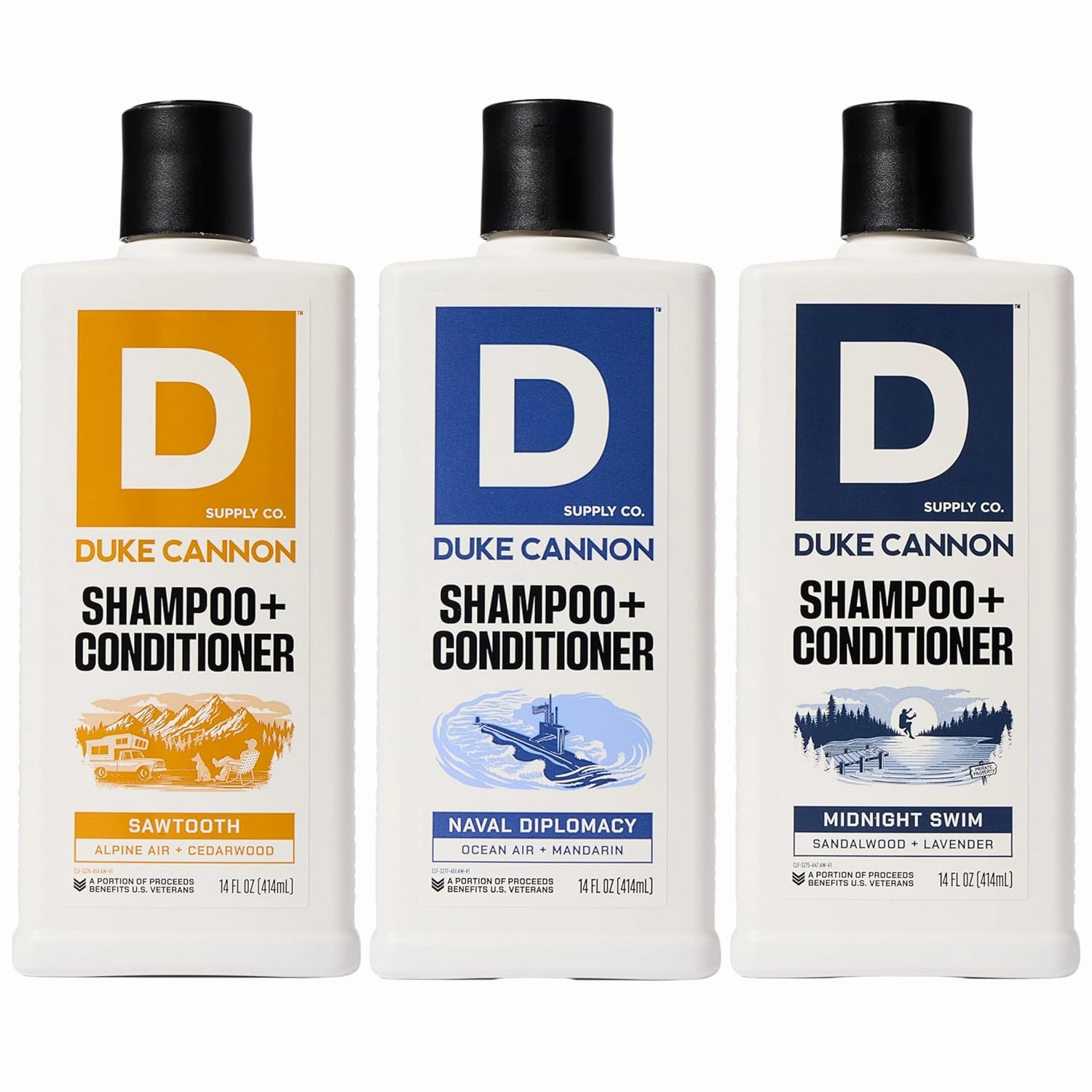 Duke Cannon Supply Co. 2-in-1 Hair Wash - Masculine Scent - Gentle Cleansing Hair Wash For Men - Stimulating Hair Shampoo & Conditioner - Naval Diplomacy & Midnight Swim & Sawtooth- 3 Pack (14 oz)
