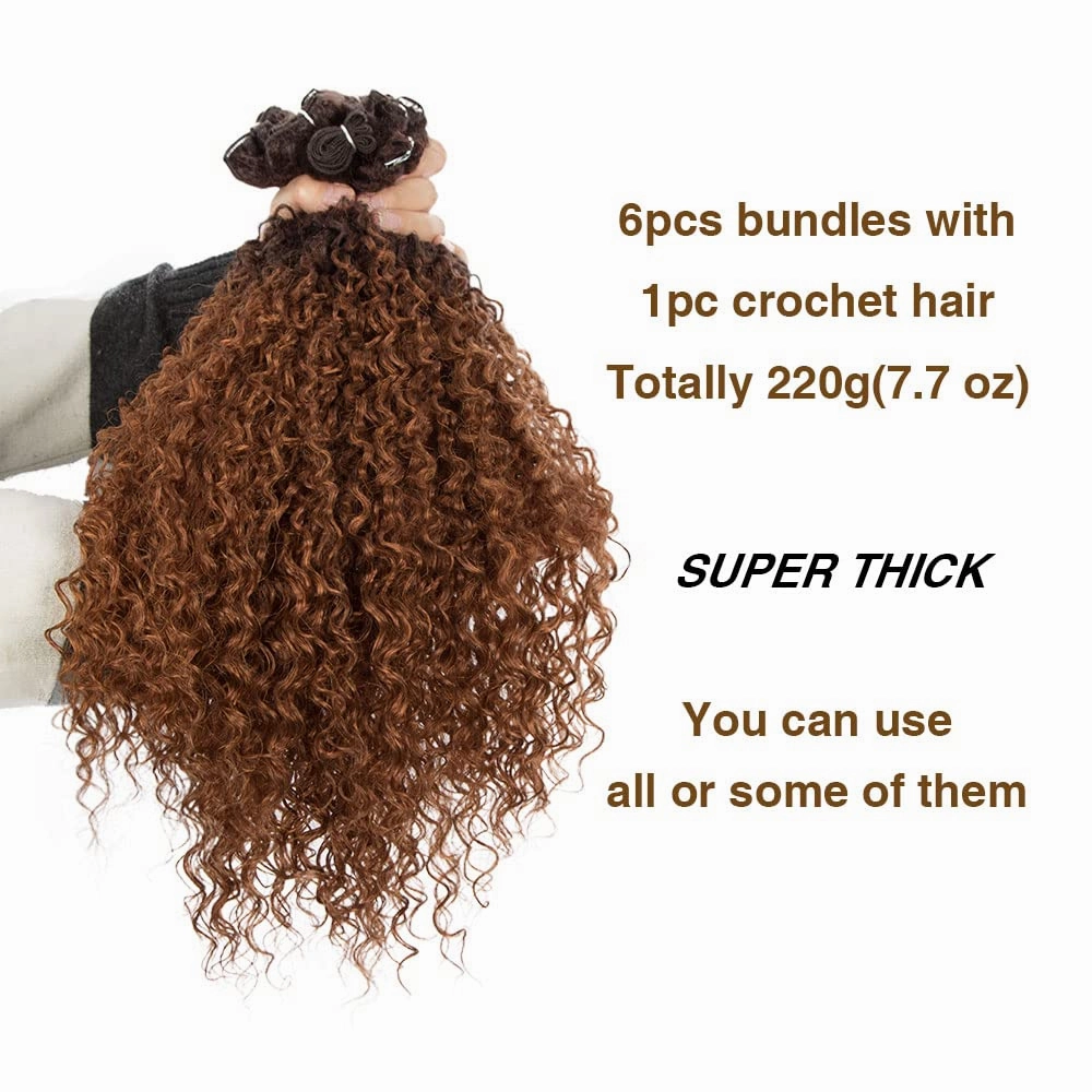 DÉBUT Synthetic Hair 7pcs Kinky Curly 22 24 26 Inches 6 Bundles Tight Curly Hair with 1pc Crochet Hair for Black Women Ombre Brown Color