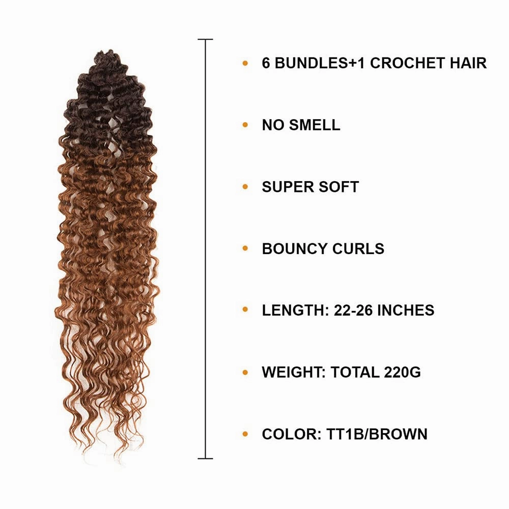 DÉBUT Synthetic Hair 7pcs Kinky Curly 22 24 26 Inches 6 Bundles Tight Curly Hair with 1pc Crochet Hair for Black Women Ombre Brown Color