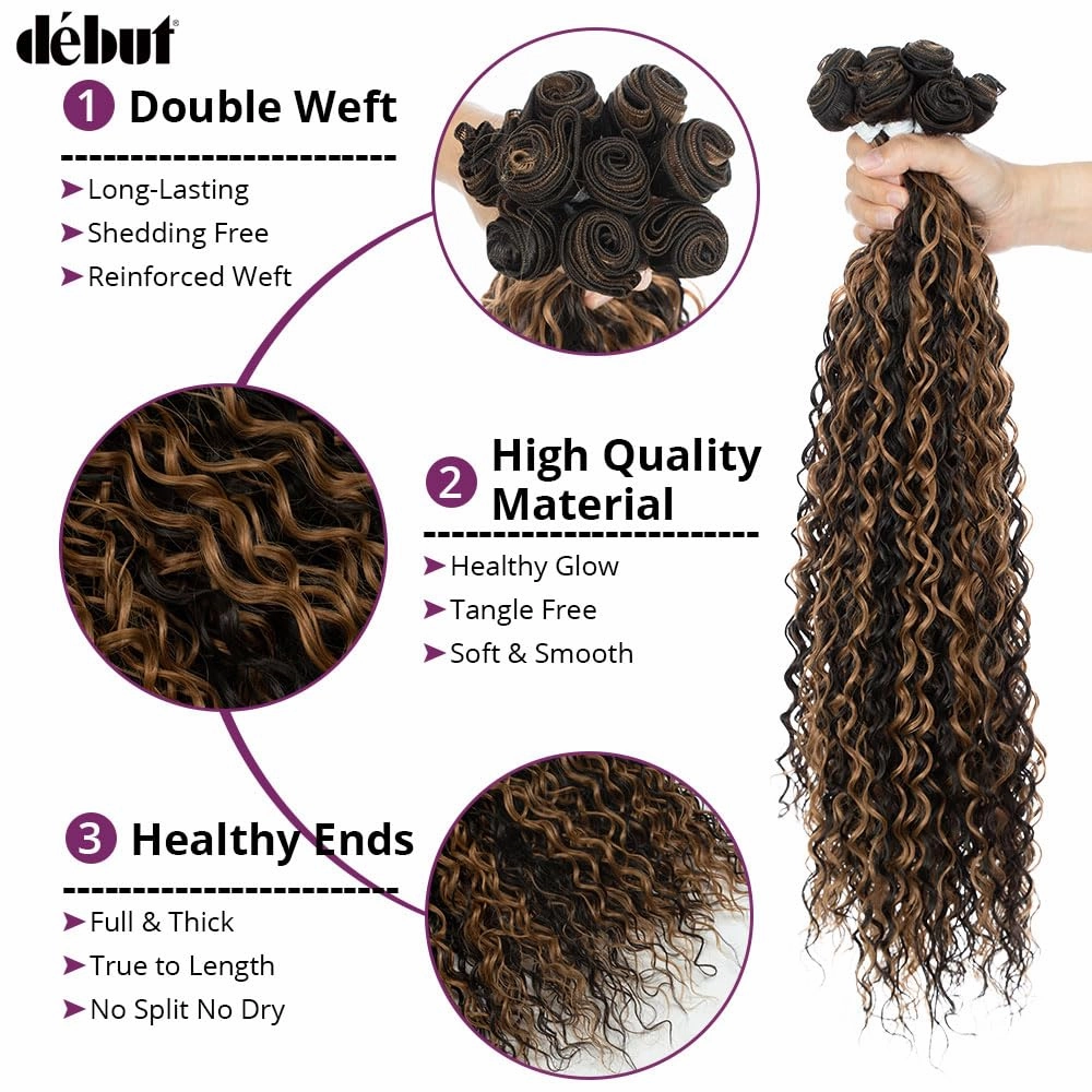 DÉBUT Water Wave 9 Bundles Synthetic Hair Weave Curly Hair High Temperature Fiber Bio Protein Hair 9pcs 22 24 26 Inch 320g for Full Head Highlight Brown with Blonde
