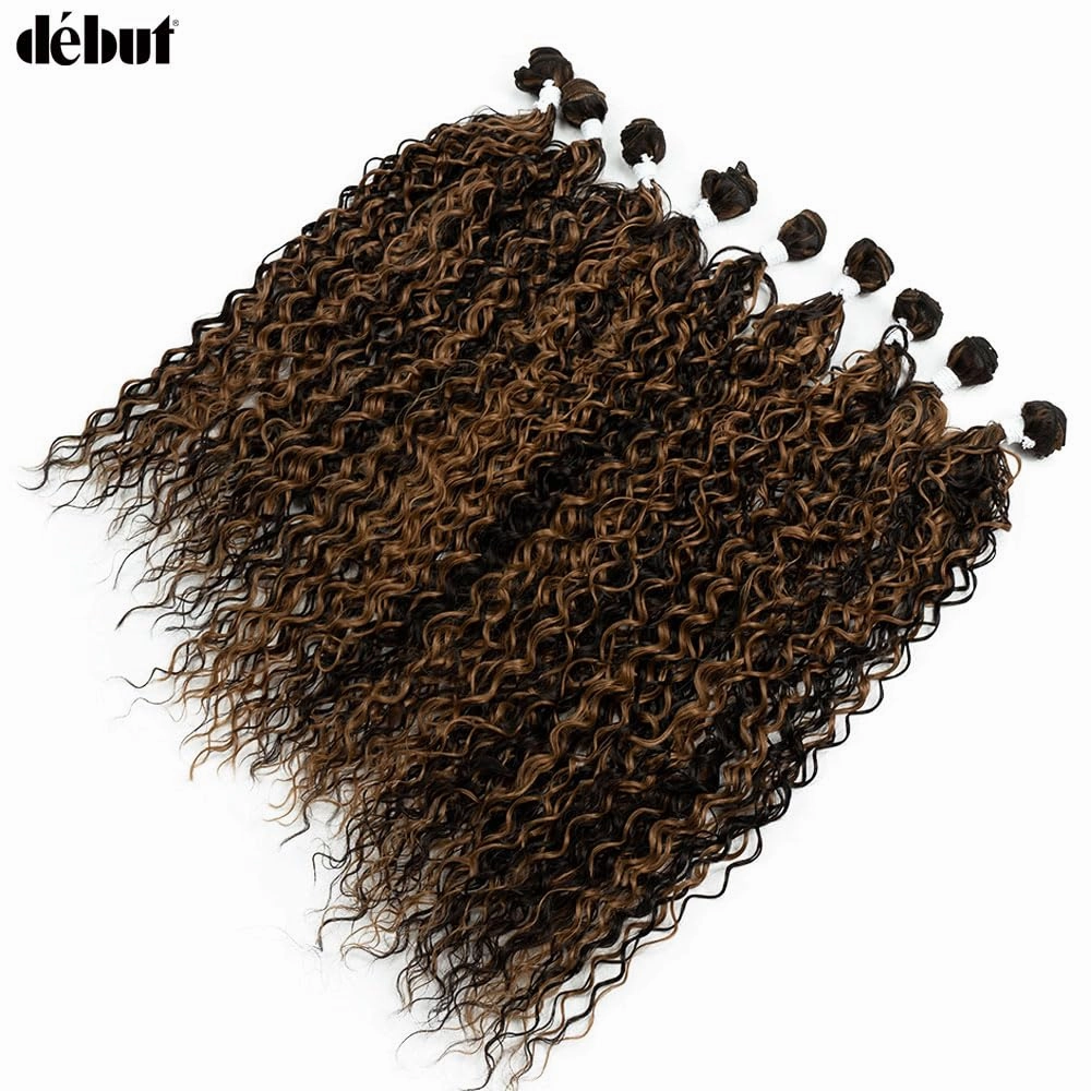 DÉBUT Water Wave 9 Bundles Synthetic Hair Weave Curly Hair High Temperature Fiber Bio Protein Hair 9pcs 22 24 26 Inch 320g for Full Head Highlight Brown with Blonde