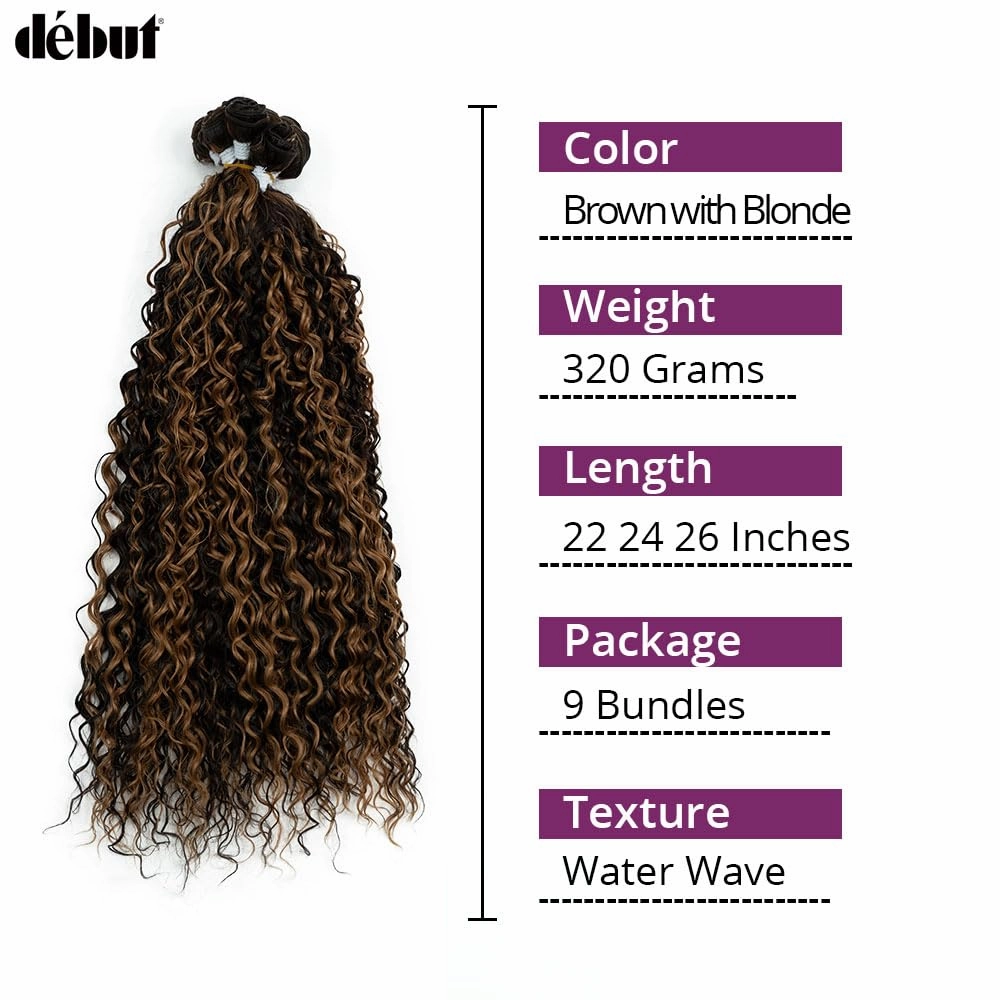 DÉBUT Water Wave 9 Bundles Synthetic Hair Weave Curly Hair High Temperature Fiber Bio Protein Hair 9pcs 22 24 26 Inch 320g for Full Head Highlight Brown with Blonde