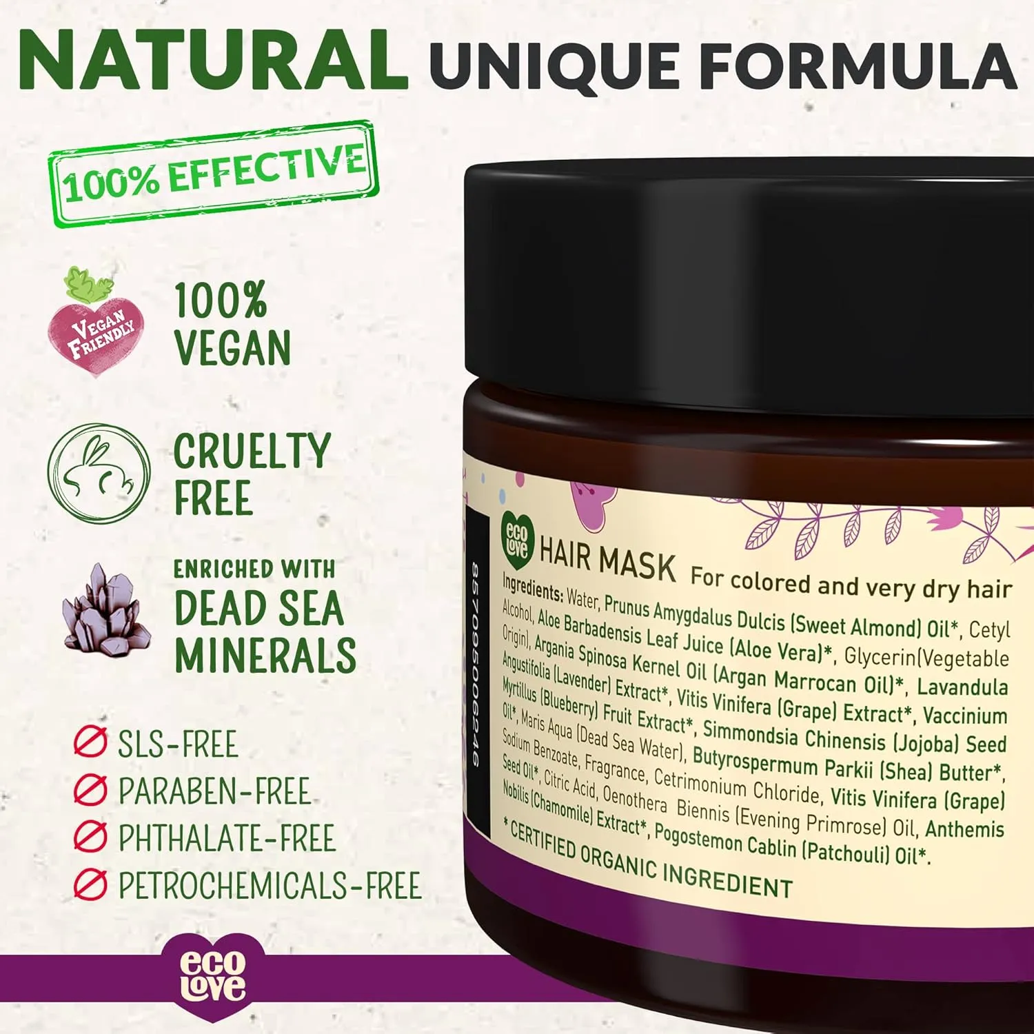 ecoLove Hair Mask for Dry Damaged Hair, Natural Hair Mask Deep Conditioning, 11.8 oz - Vegan and Cruelty-Free, With Lavender Extract, Organic Ingredients, SLS and Parabens Free